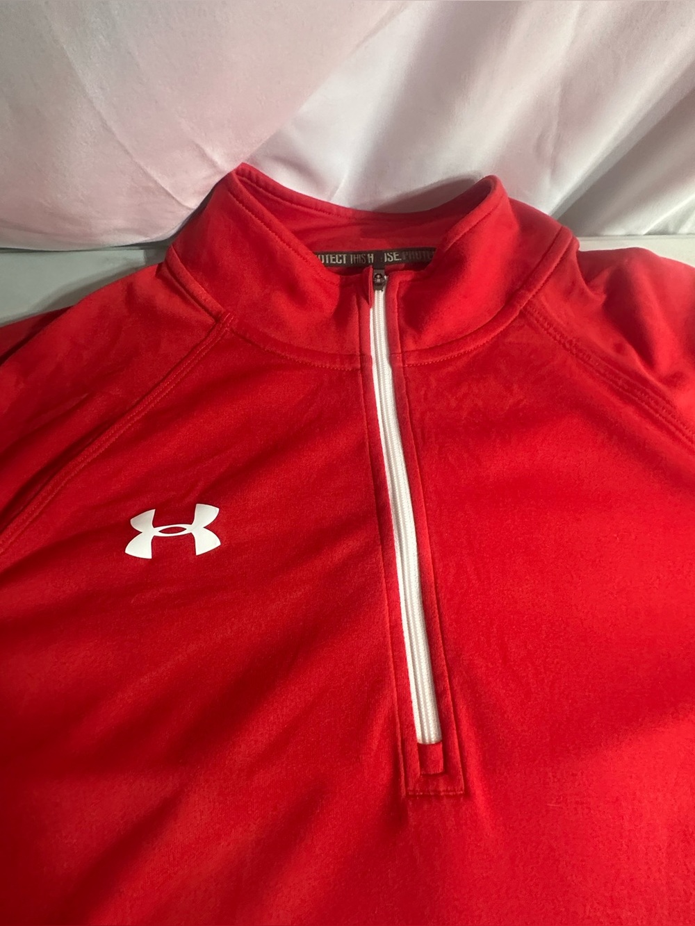 Under Armour Red Zip-Up Pullover with White Logo - Picture 2 of 5